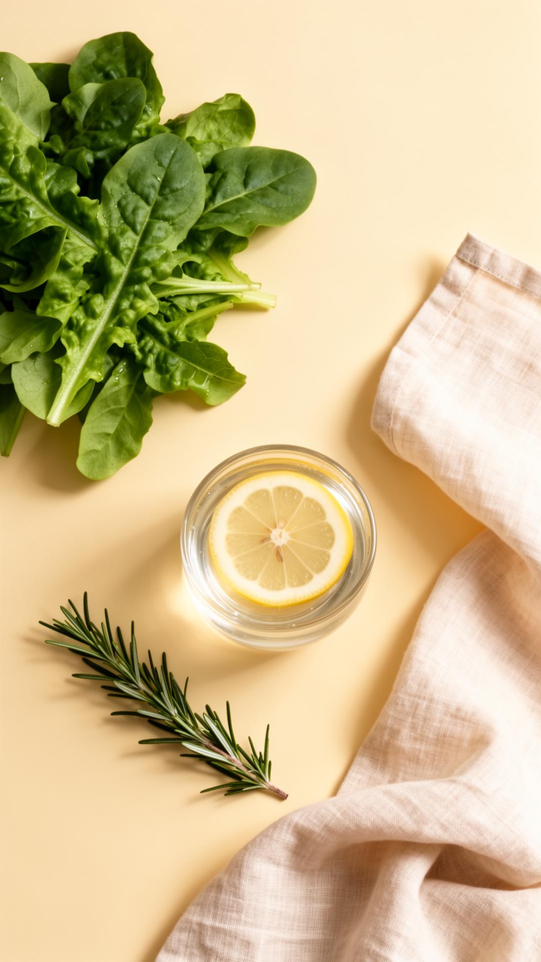 Fresh greens, lemon water, and rosemary on a warm cream surface